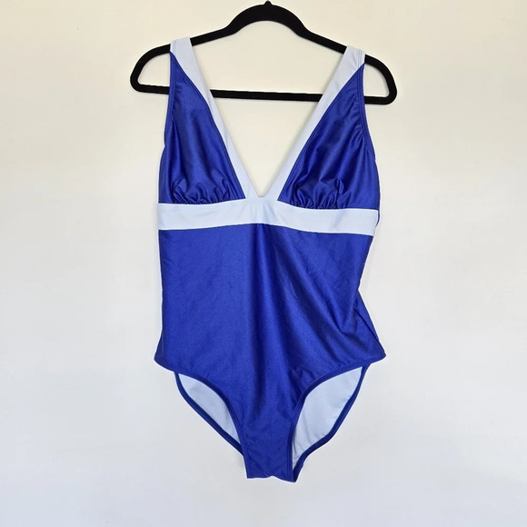 DKNY Plunging Blue Colorblocked One-Piece Swimsuit‎ Size 16 - Picture 4 of 12